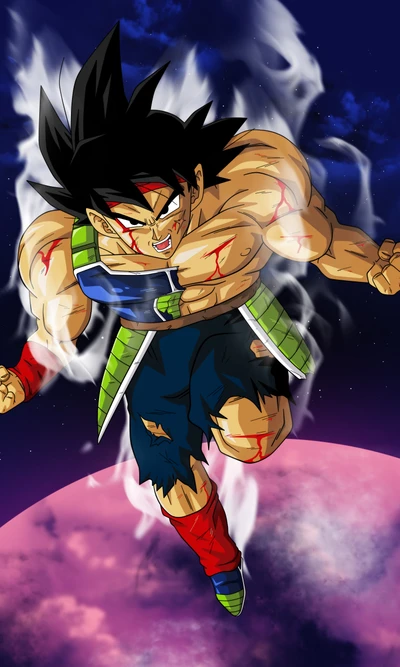 Bardock, the Saiyan warrior, powers up amidst a cosmic backdrop, showcasing battle scars and a fierce determination.