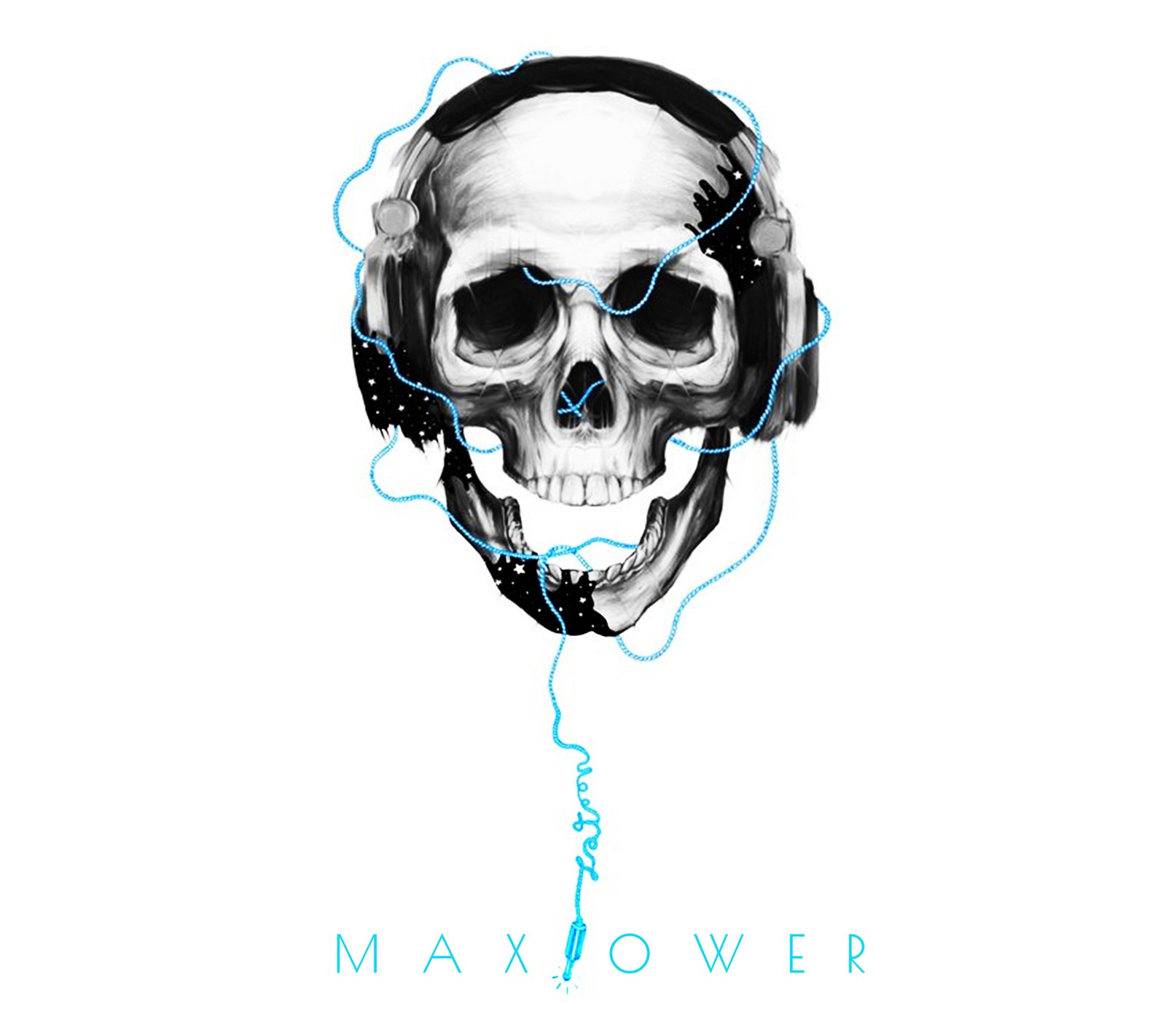 Un primer plano de un cráneo con auriculares y un mapa del mundo (maxpower, música, calavera)