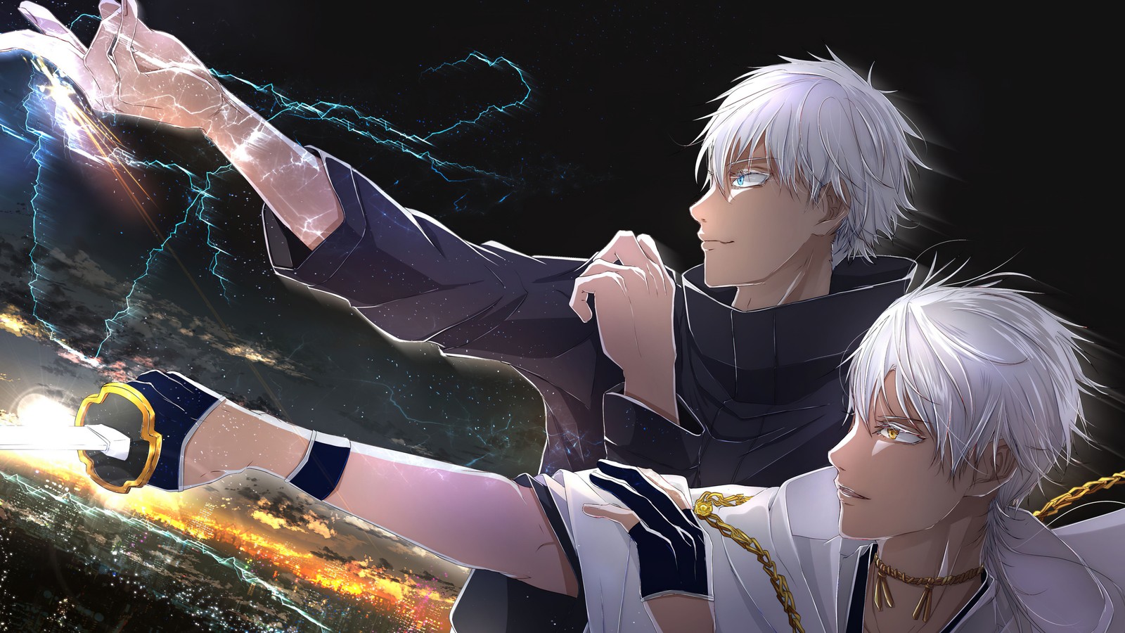 Anime, two men with white hair and white hair, one holding a lightning (satoru gojo, tsurumaru kuninaga, crossover, jujutsu kaisen, anime)