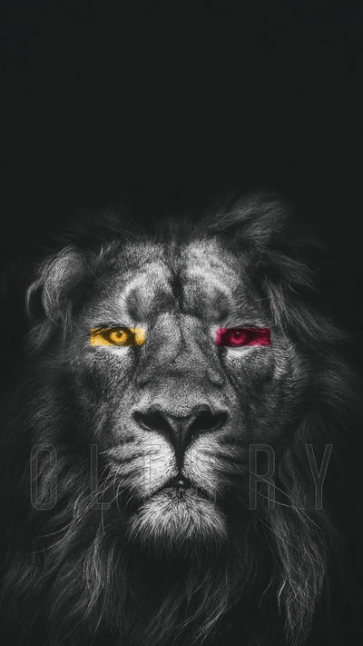 Un puissant visage de lion avec un œil jaune et l'autre rouge, symbolisant la force et la passion pour Galatasaray.