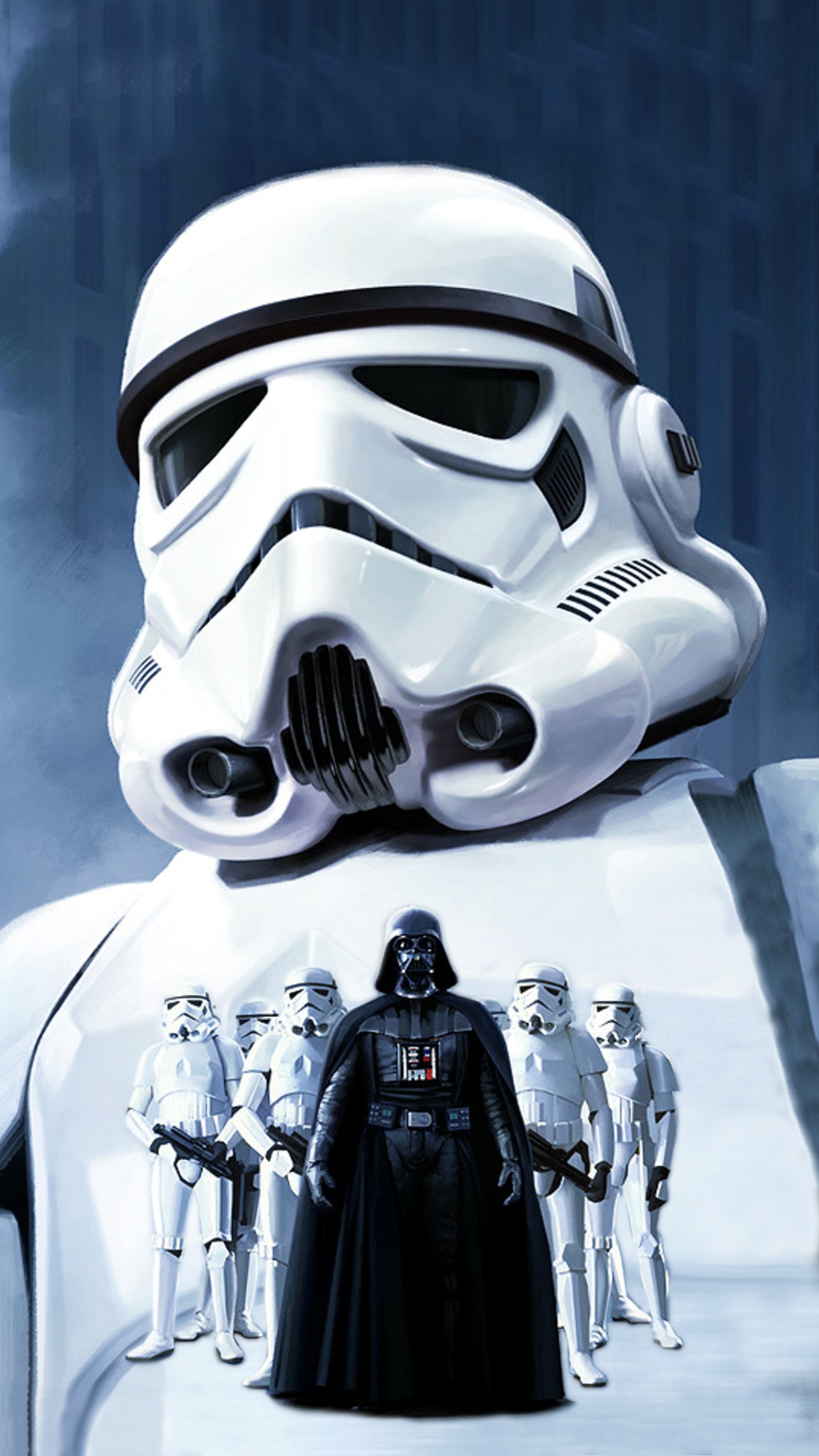 Há um pôster de star wars com um stormtrooper em pé na frente de um grupo de tropas. (star wars, starwars, stormtrooper, strormtrooper)