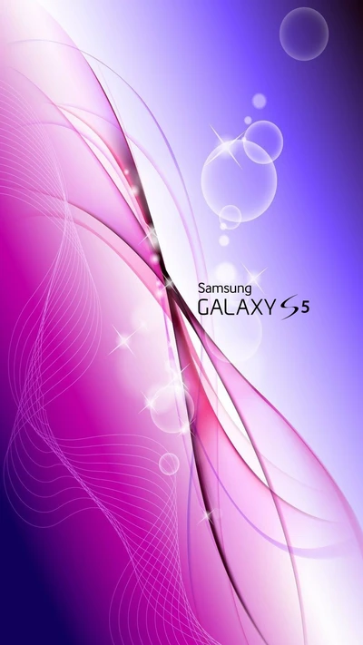 Logotipo do Samsung Galaxy S5 com design abstrato de ondas em roxo e rosa.