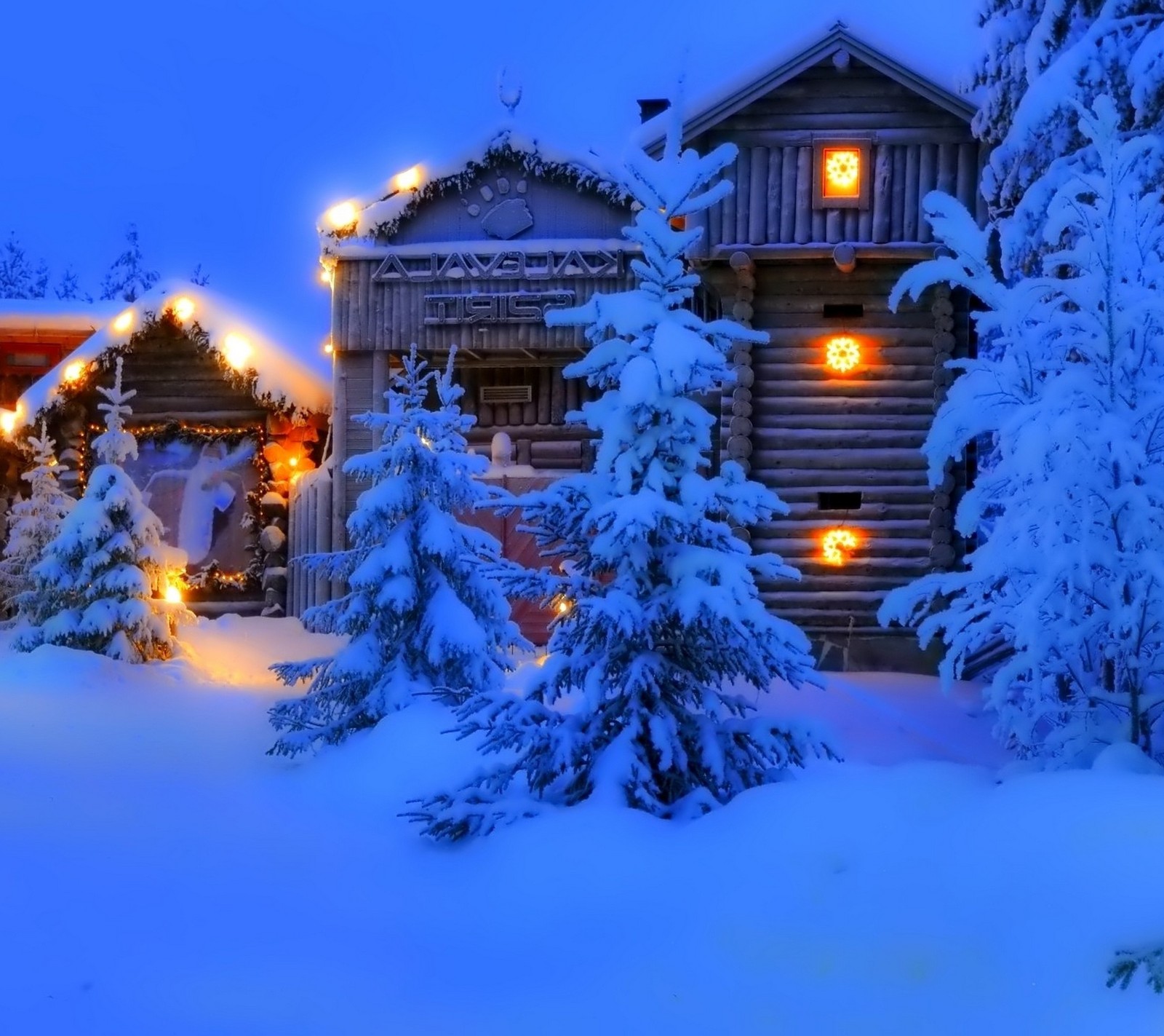 Eine verschneite hütte mit weihnachtslichtern und bäumen davor (weihnachten, frozen, nacht, schnee, winter)