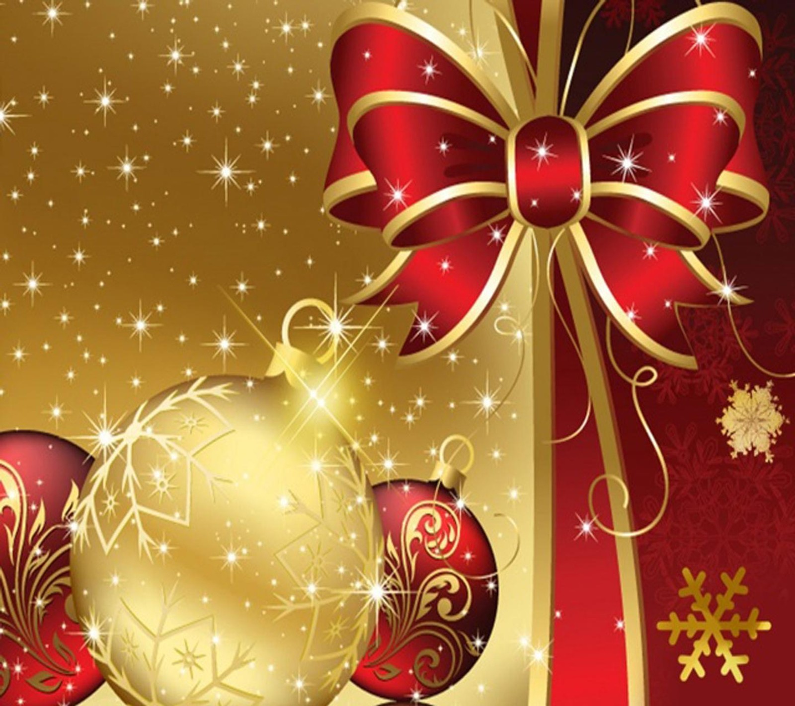 A christmas background with red and gold ornaments and a bow (christmas, merry)