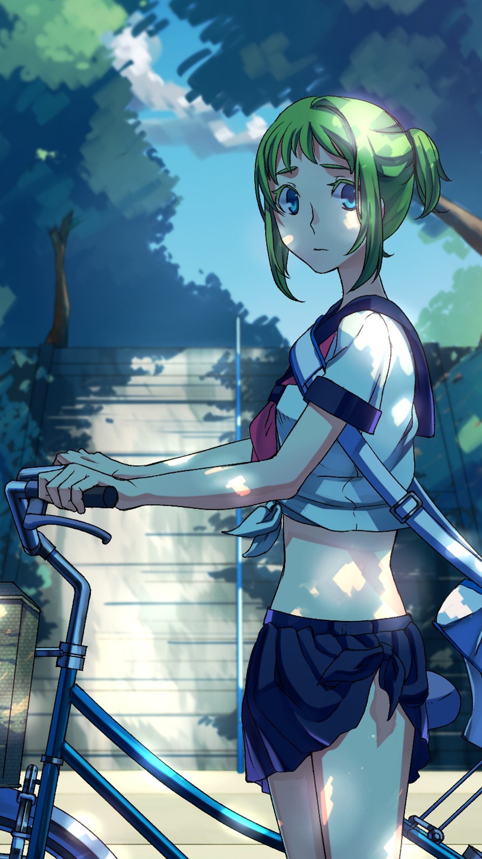 Fille anime aux cheveux verts se tenant à côté d'un vélo (anime, fille danime, kawaii)