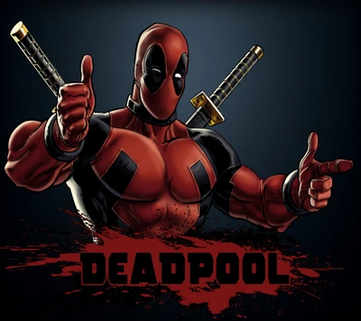 Logotipo do personagem Deadpool com polegar para cima e espadas