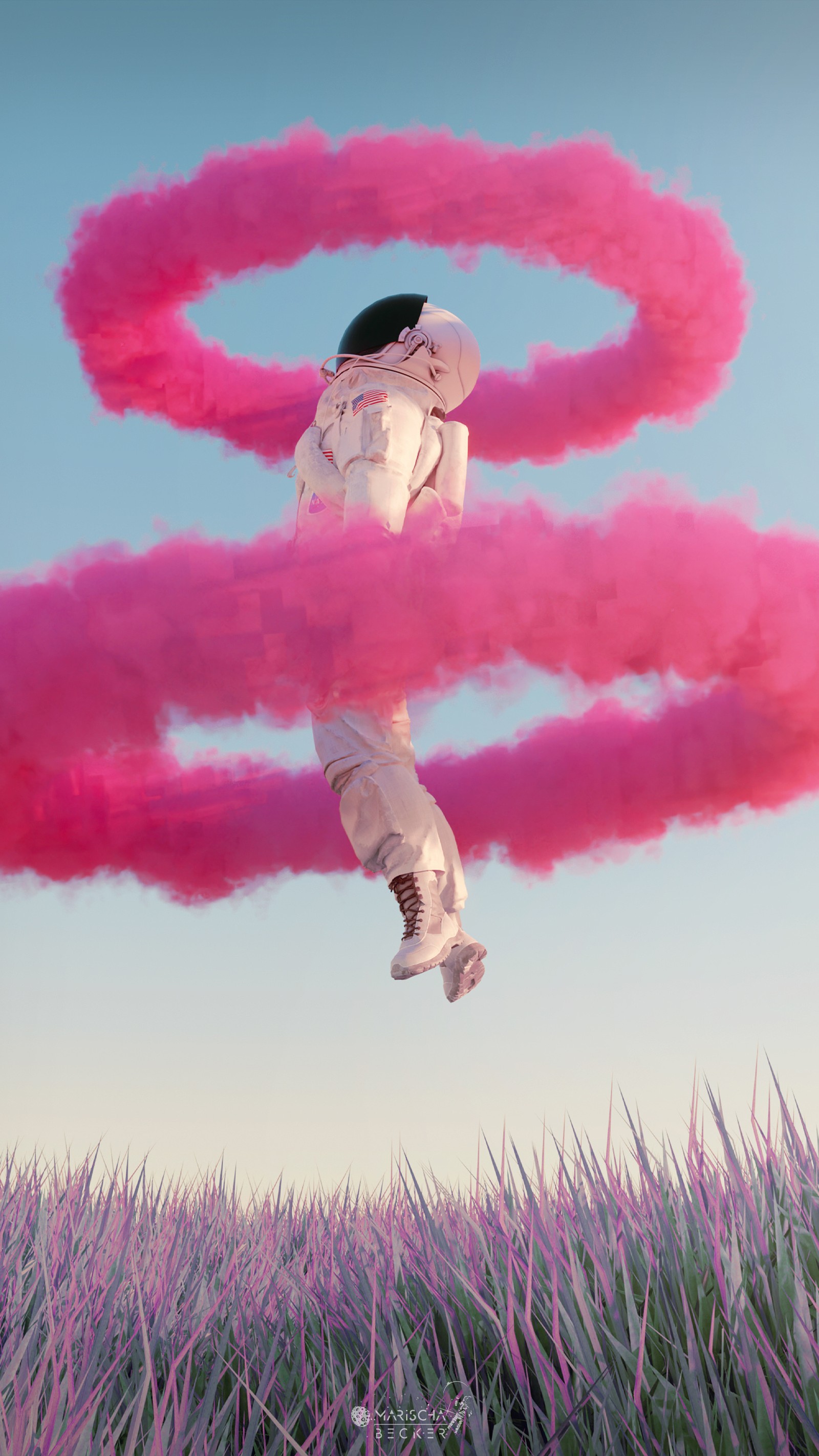 Araffe jumping in the air with pink smoke in the air (astronaut, dreamy, fantasy, marischabecker, scifi)