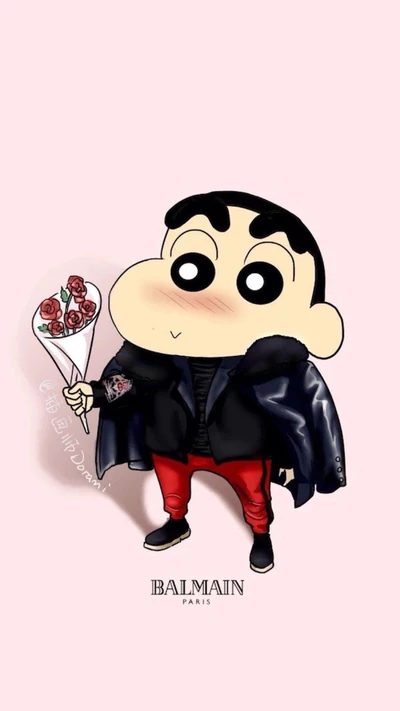 Shinchan in einem stilvollen Outfit mit einem Strauß Rosen vor einem sanften rosa Hintergrund.