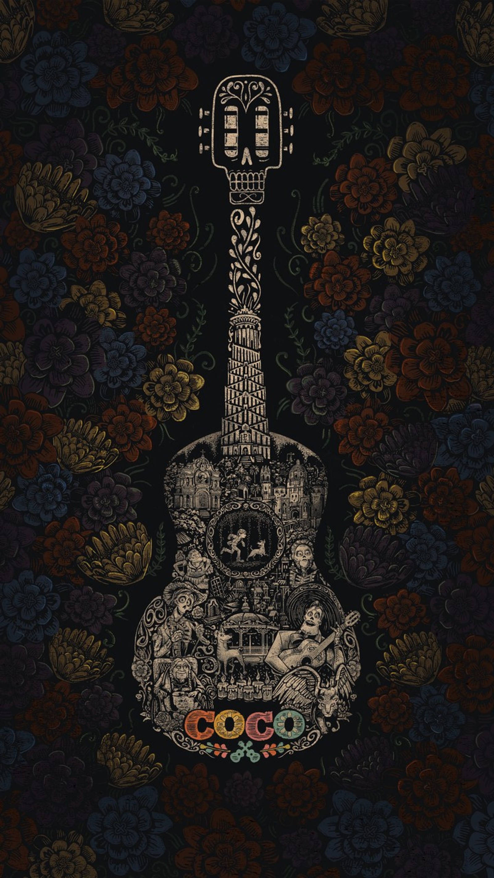 Eine nahaufnahme einer gitarre mit floralem design darauf (coco, coco music, gitarre, gitarren, liebe)