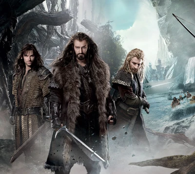 Guerreros épicos de "El Hobbit": Kili, Fili y Thorin están unidos en un paisaje místico.