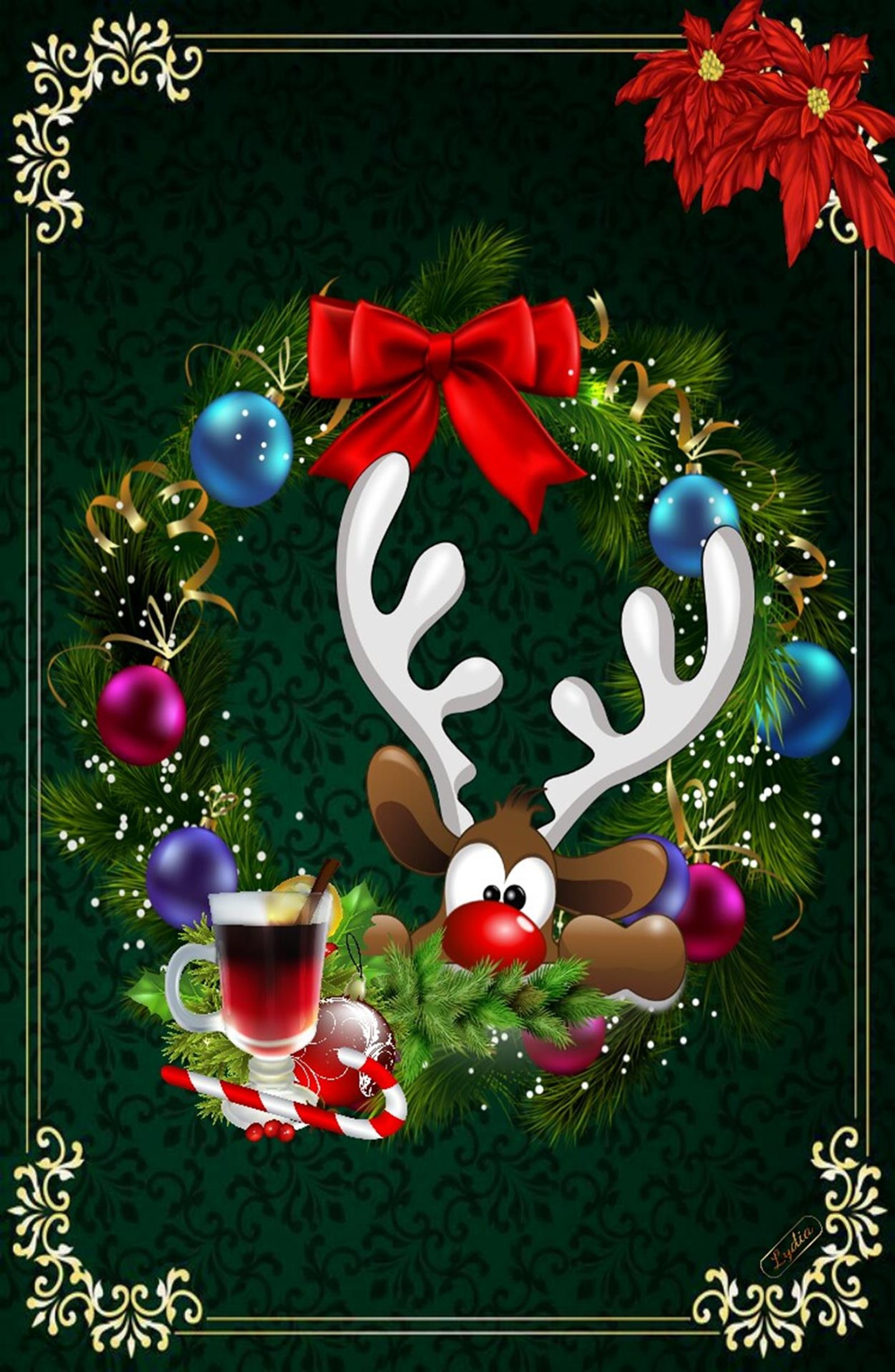 Christmas card with reindeer and coffee cup on green background (christmas, green)