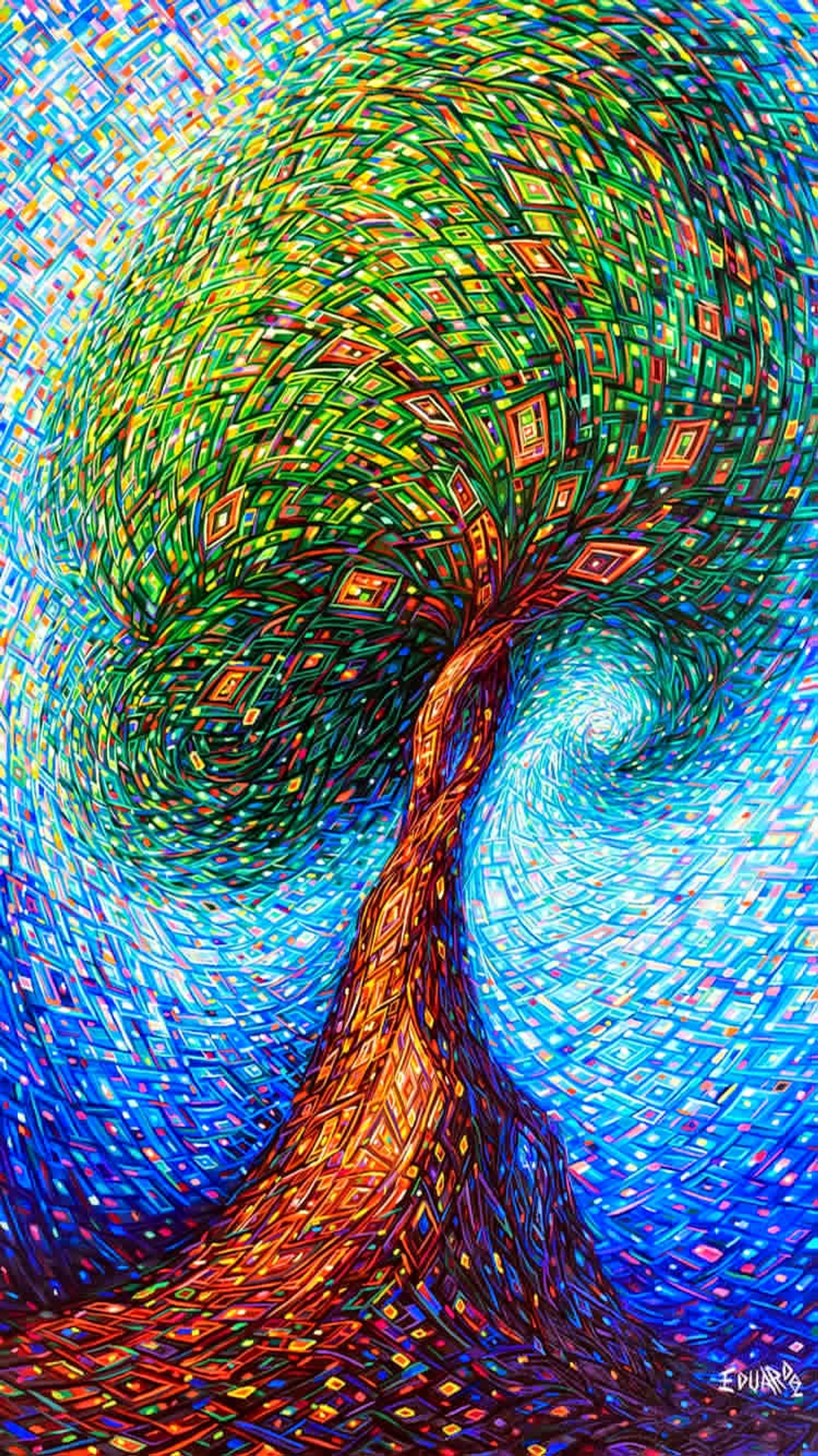 A painting of a tree with a swirly green leafy tree (colorful, tree)