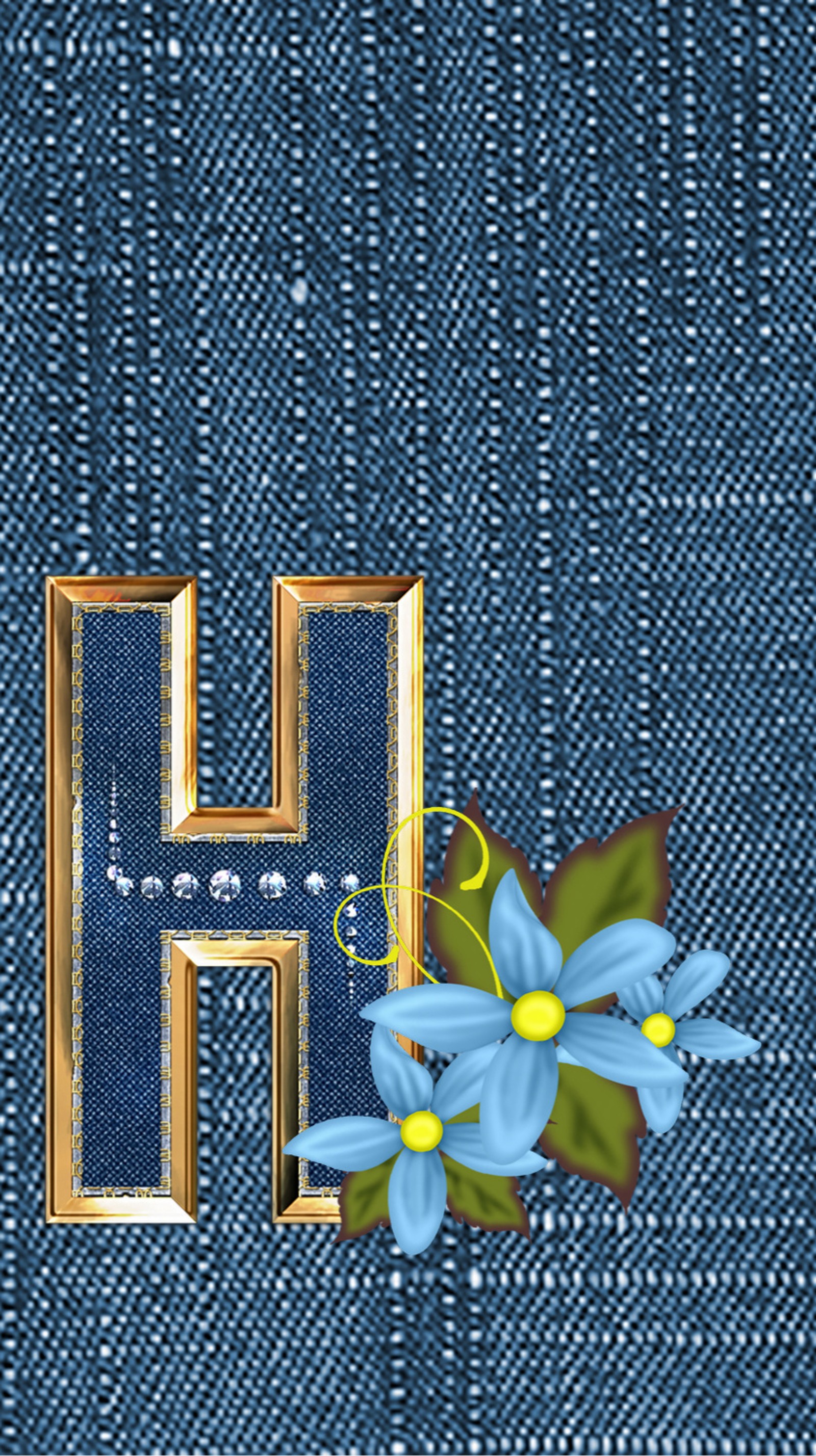 Un gros plan d'un tissu en denim bleu avec une fleur (alphabet, jeans, lettre h, logo)