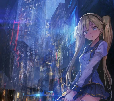 Girl in Blue Amidst Neon City Rain