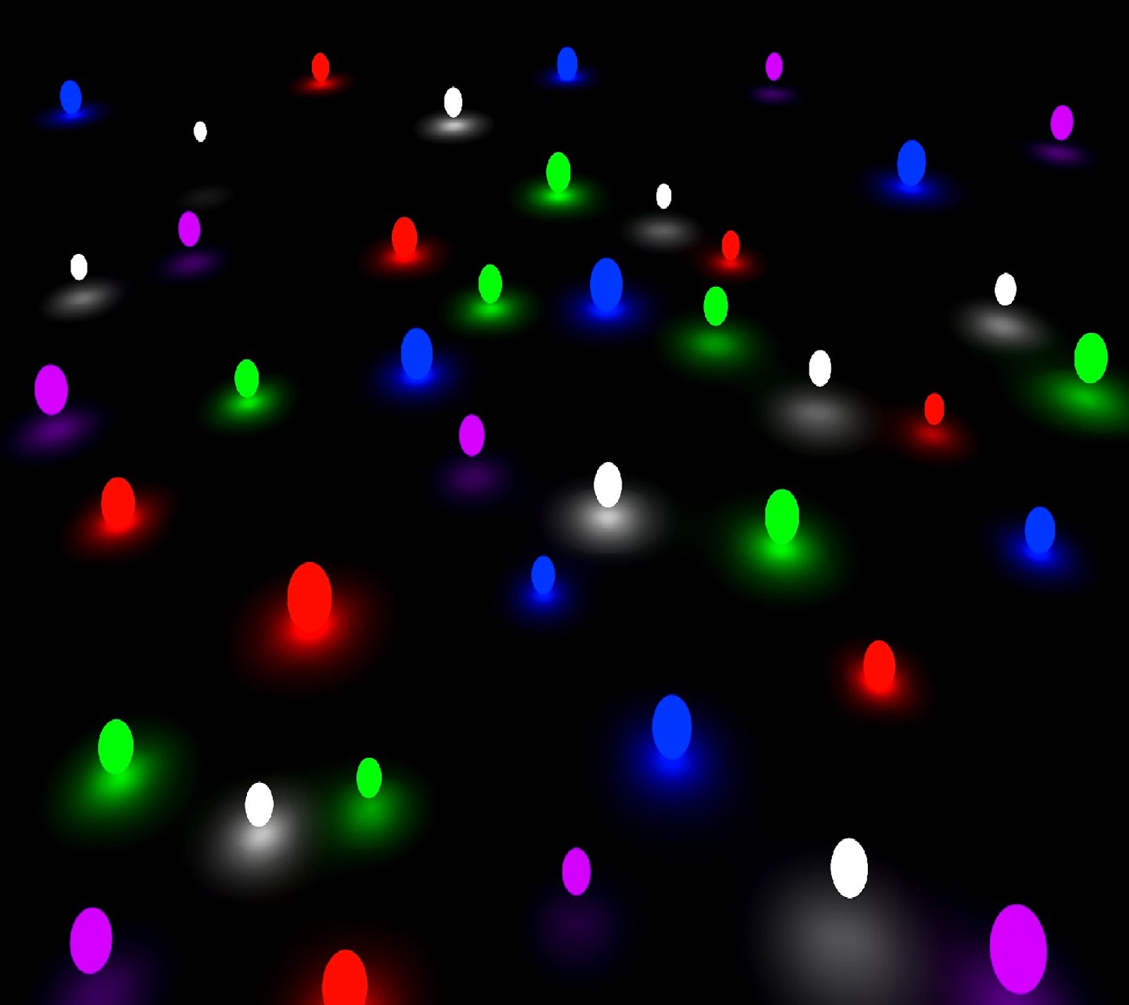 A close up of a bunch of lights that are on a black surface (colorful balls)