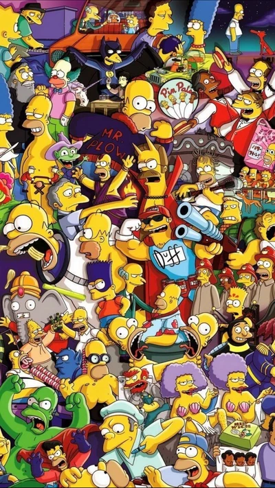 Un collage vibrante que presenta múltiples personajes de "Los Simpson", destacando a Homer Simpson junto a varias figuras queridas e icónicas de la serie.