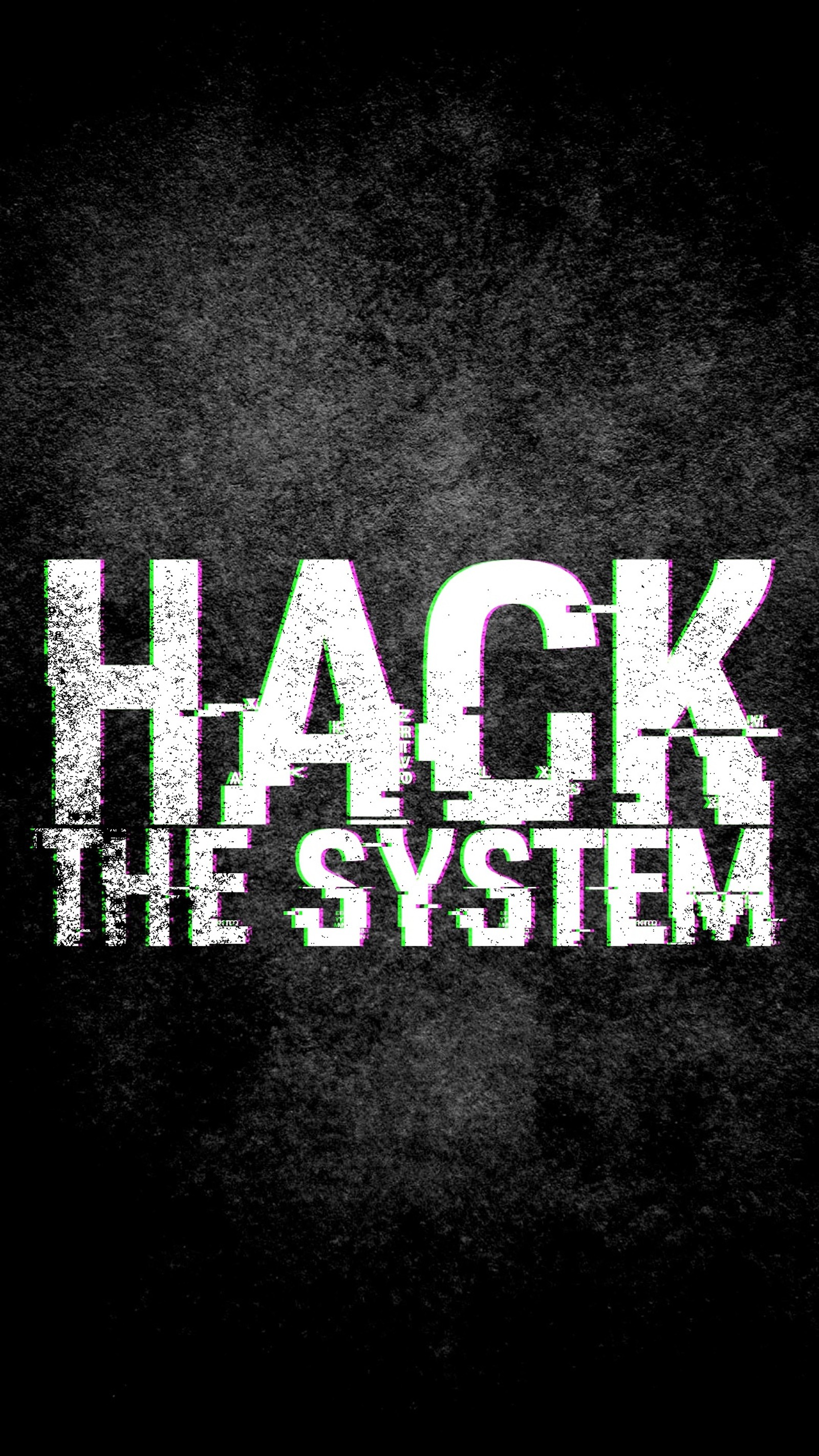 Eine nahaufnahme eines schwarzen hintergrunds mit dem text 'hack the system' (thema, geometrie, mannschaft, skorpion, trupp)