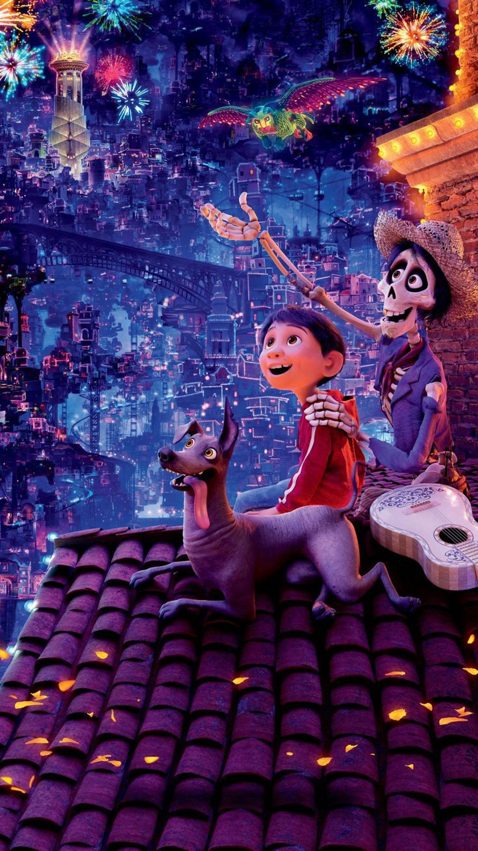 A close up of a cartoon character sitting on a roof with a guitar (coco, dia de los muertos, disney, mexico, pixar)