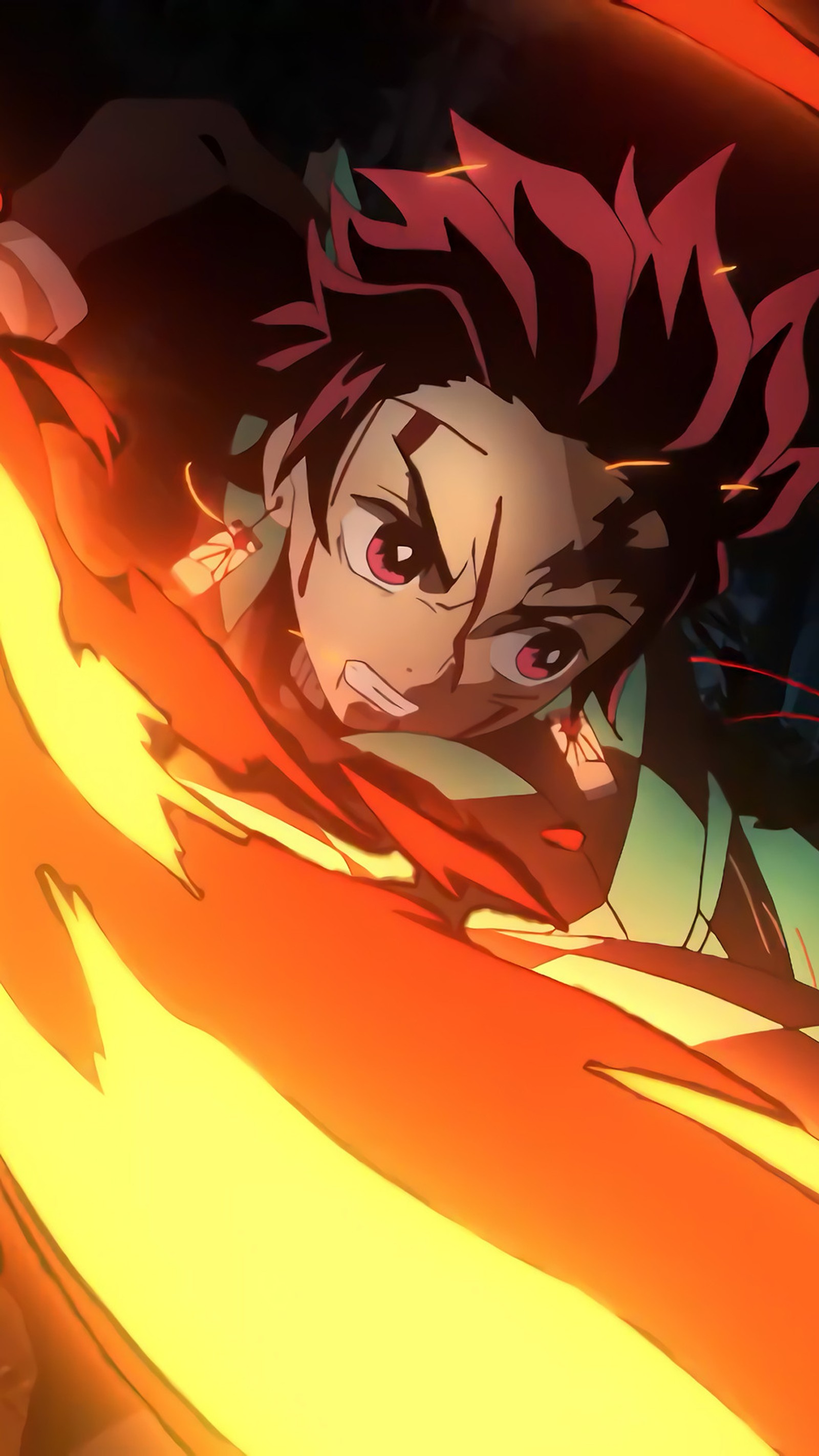 Personagem de anime com cabelo vermelho e olhos pretos em um fogo amarelo (demon slayer, kimetsu no yaiba, homem, espada, tanjiro)