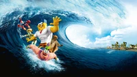 mr krabs, patrick star, animated cartoon, wind wave, surfing wallpaper