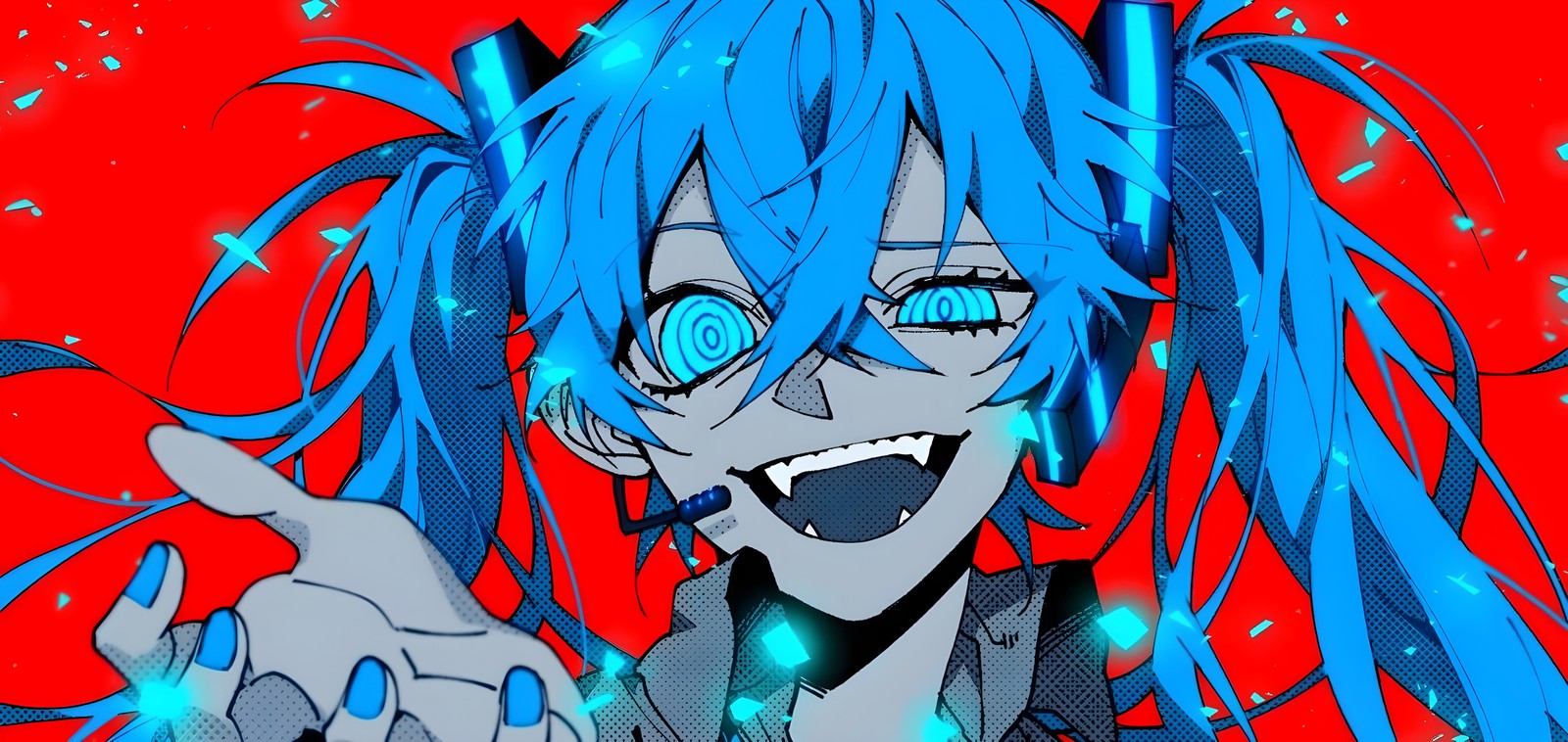 A close up of a person with blue hair and glasses (anime, hatsune miku, mouth, smile, cartoon)