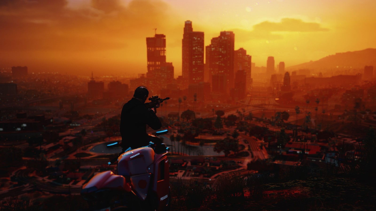 Araffes on a motorcycle looking at a city skyline at sunset (grand theft auto v, mod, city, dusk, sunset)