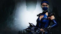 Kitana from Mortal Kombat 11, poised with her signature fans against a dark, mystical backdrop.