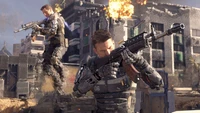 Intense firefight in a futuristic urban battlefield featuring soldiers in advanced armor, showcasing the high-stakes action of Call of Duty: Black Ops III.