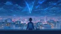 Noche solitaria bajo un cielo estrellado: una chica de anime y su gato mirando la ciudad