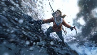 Lara Croft Ascends a Treacherous Mountain in a Snowstorm from "Rise of the Tomb Raider