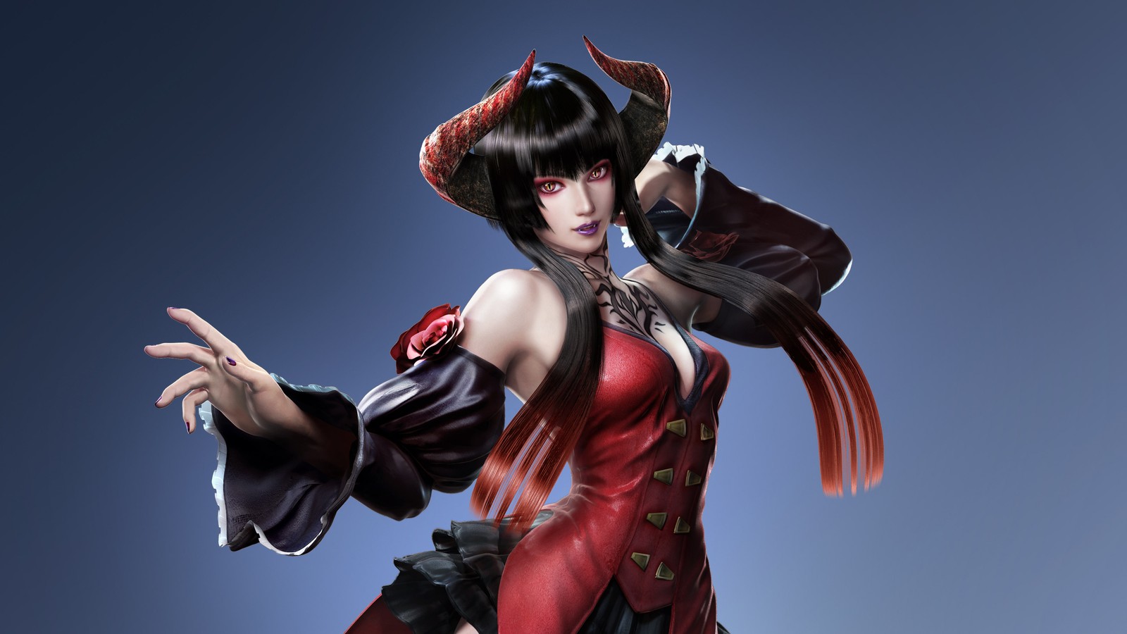 Une femme en robe rouge et chapeau noir tenant un couteau (tekken 7, tekken, muscle, illustration, danseur)