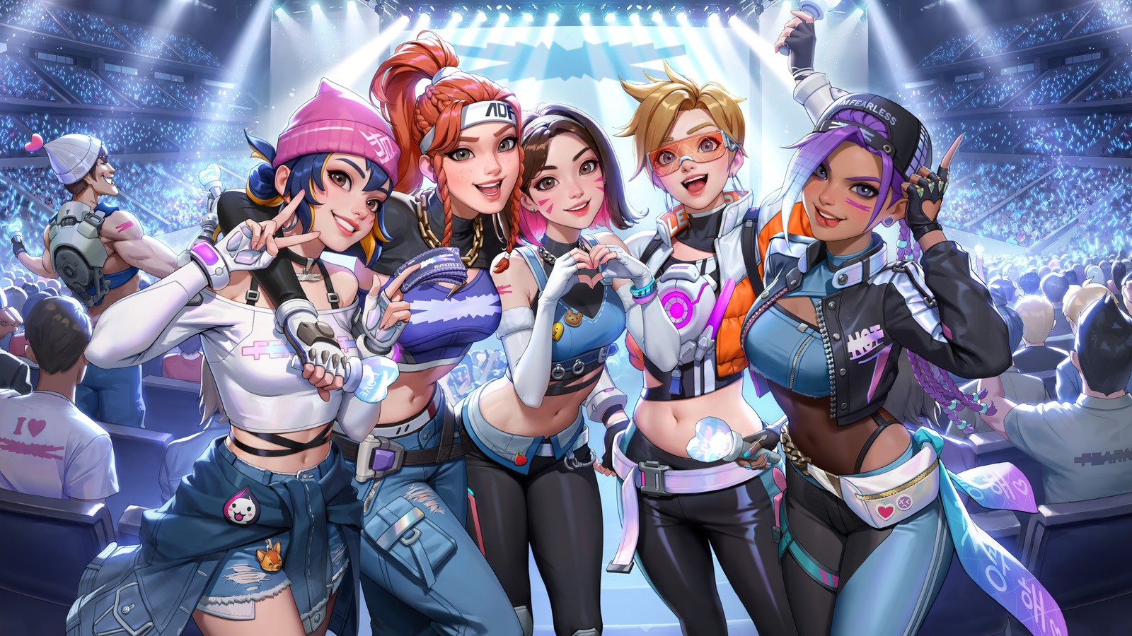 Un groupe de femmes en costumes se tenant devant une foule (overwatch 2, le sserafim, k pop, chanteurs coréens, brigitte)