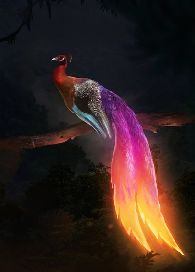 Mythical Peacock with Vibrant Tail in Enchanted Forest