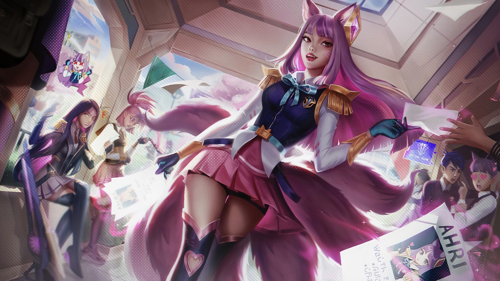 Eine frau in einem rosa kleid mit katzenohren steht in einem raum (ahri, battle academia, lol, league of legends, videospiel)