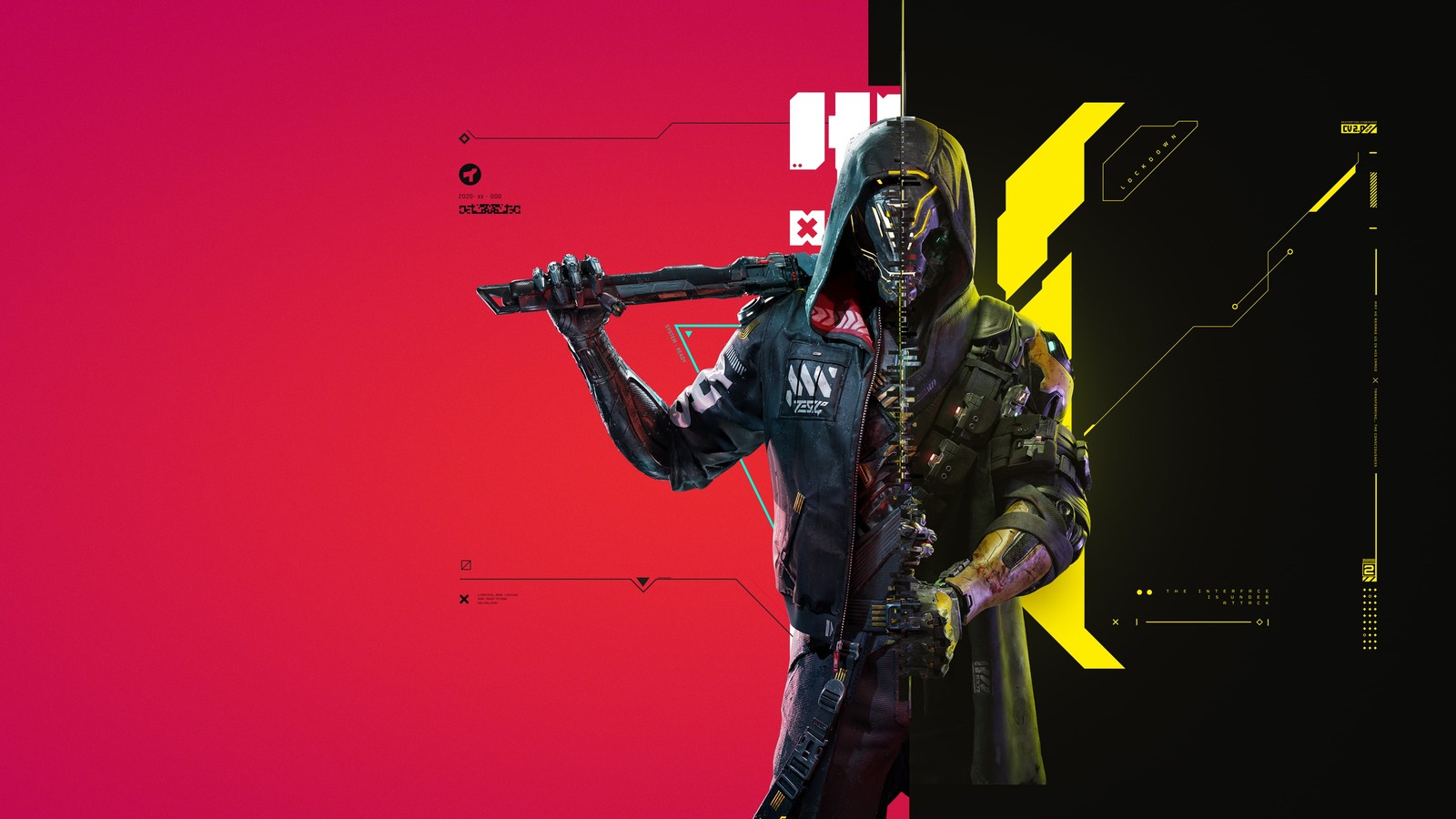 A man in a hoodie holding a gun and standing in front of a red background (ghostrunner, video game, game art, xbox games, games)