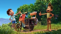 Two animated boys stand beside a makeshift bicycle adorned with colorful scraps, surrounded by lush greenery, evoking a sense of adventure and friendship.