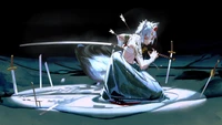 Momiji Inubashiri wielding a katana, surrounded by scattered swords and arrows, in a dynamic pose amidst a mystical setting.