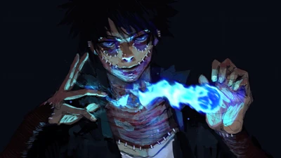 Dabi unleashes blue flames in a striking portrait from My Hero Academia.