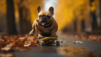 Playful Pug Skateboarding Among Autumn Leaves