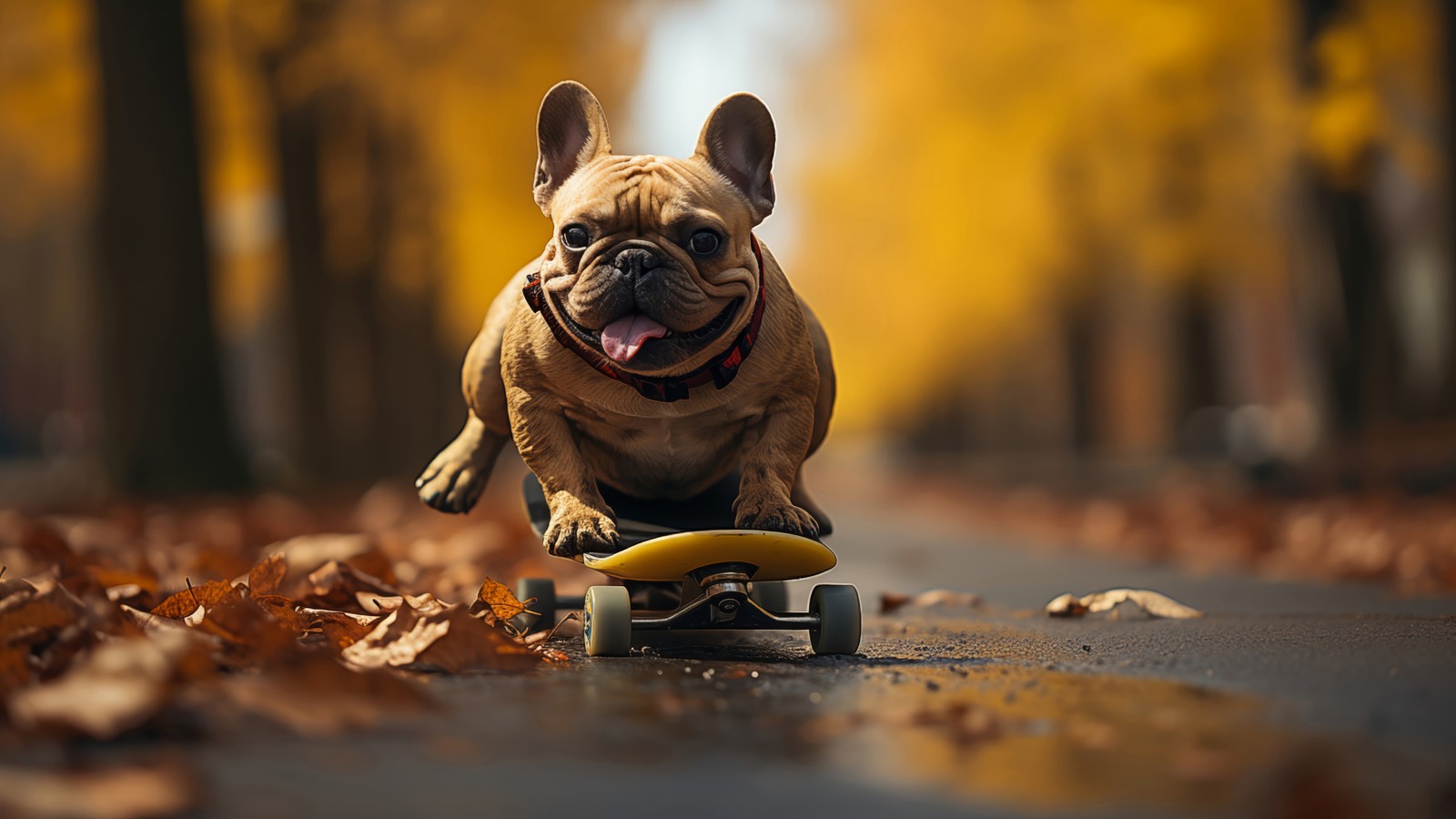 Un chien drôle faisant du skateboard sur une route avec des feuilles (chien, carlin, skateboard, animaux, animal)