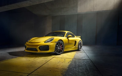 Porsche Cayman GT4 2016 em amarelo marcante, exibindo seu design elegante e recursos esportivos.