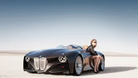 Elegante coche concepto de BMW con modelo elegante en un entorno desértico