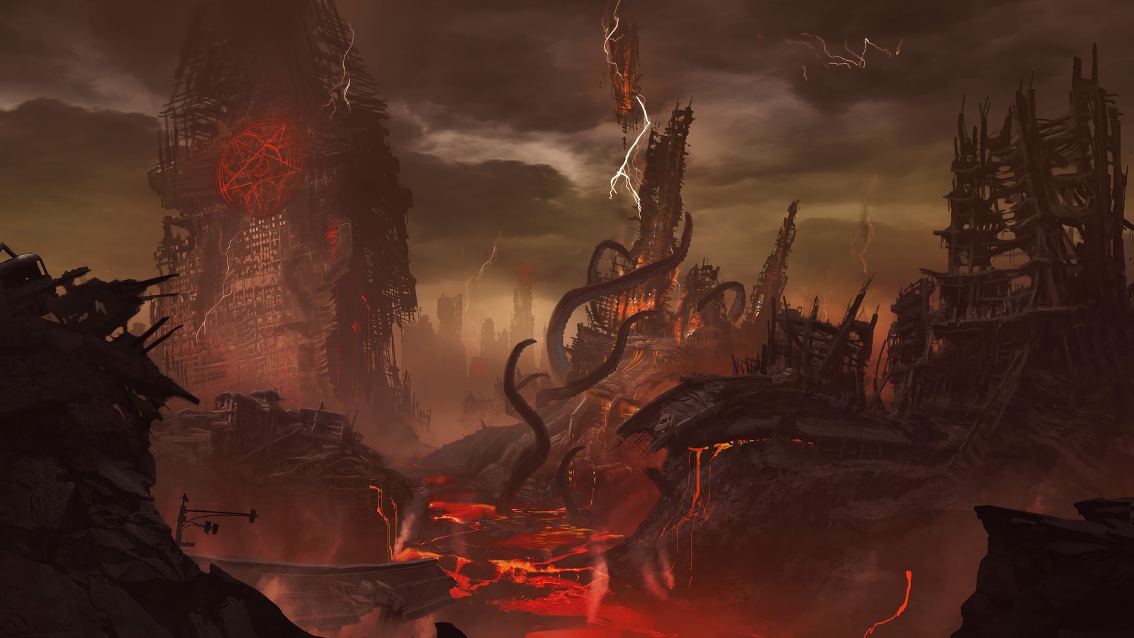 Uma cidade arafed com um gigante vulcão de lava e um homem parado em frente a ele (doom eternal, jogo de vídeo, inferno)