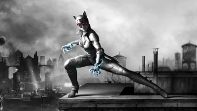 Catwoman poised on a rooftop in Gotham City, ready for action against a monochrome backdrop.