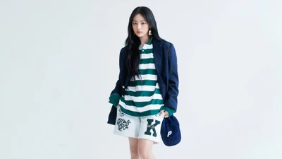 Minji from New Jeans in a stylish green and white striped outfit, exuding a fresh and youthful vibe.