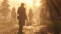 Silhouetted figures on horseback emerge through a sunlit forest path, capturing the essence of adventure in "Red Dead Redemption 2.