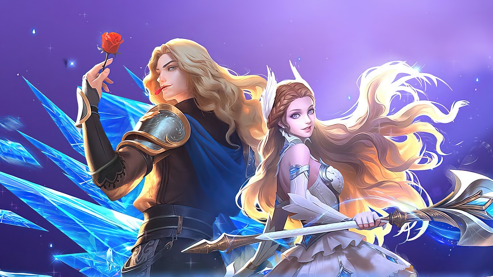 Un couple de femmes se tenant côte à côte avec des épées (lancelot, odette, rénové, mobile legends, bang bang)