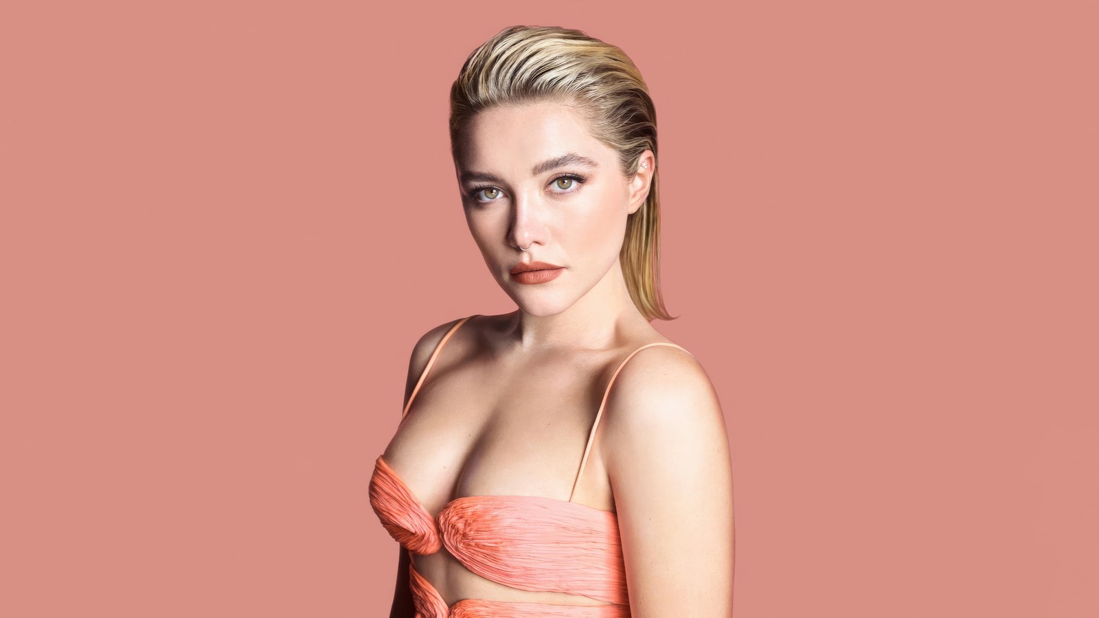 Un primer plano de una mujer en un vestido rosa posando para una foto (florence pugh, sesión de fotos, celebridad, chicas, mujer)