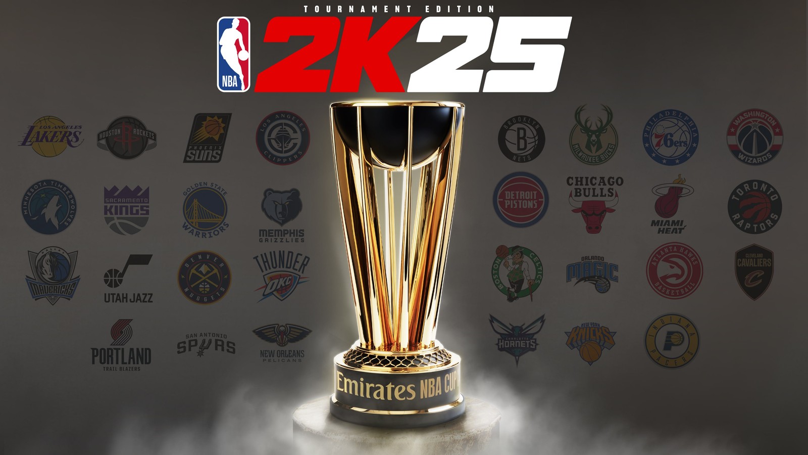 A close up of a trophy with a lot of logos on it (nba 2k25, special edition, 2024 games, games, 4k wallpaper)