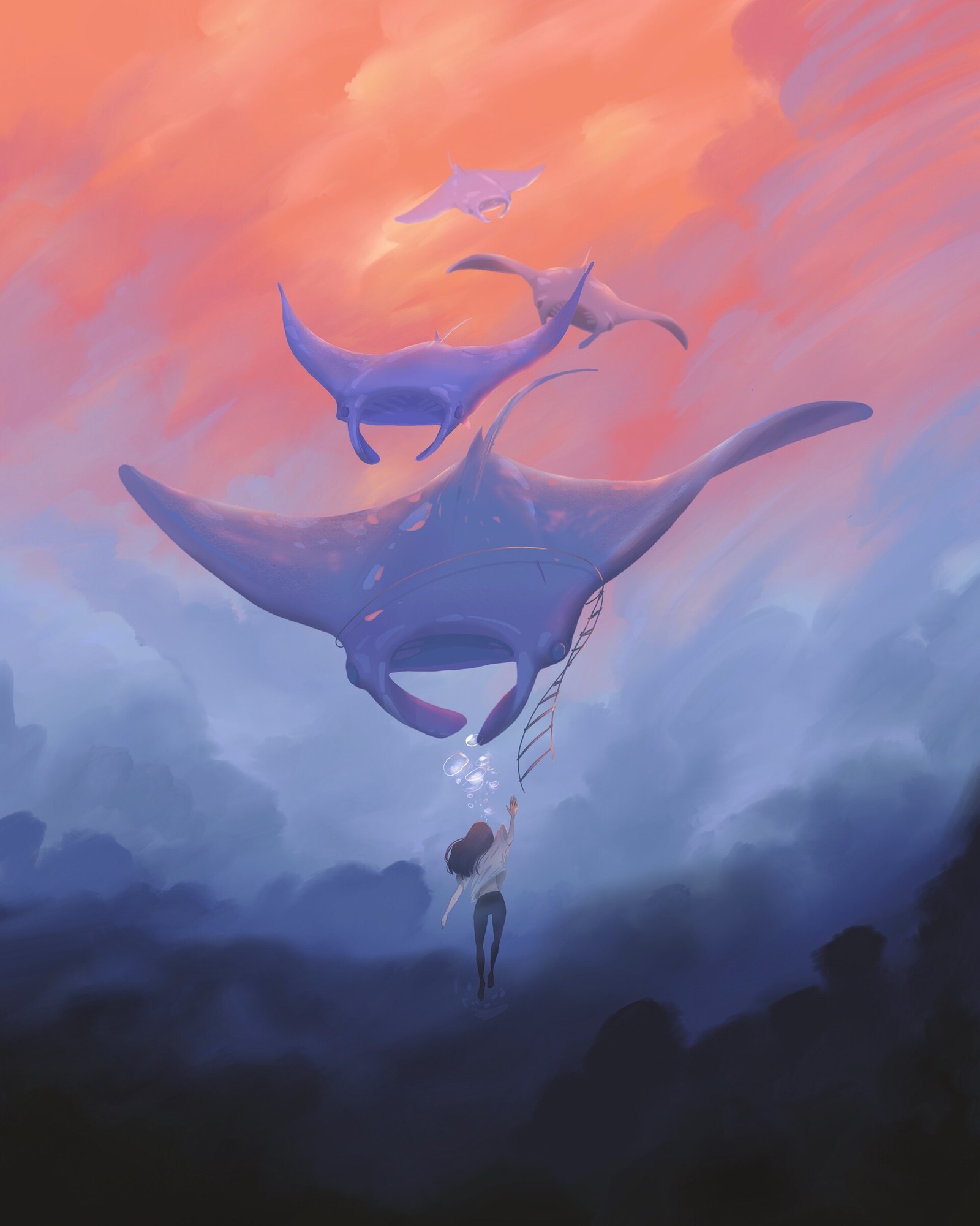 Painting of a woman hanging from a rope with a giant whale (art, illustration, water, cloud, dolphin)